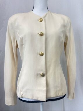 Ralph Lauren Vintage 80s 90s 100% Silk Cream Button-Front Blazer Gold Buttons 10